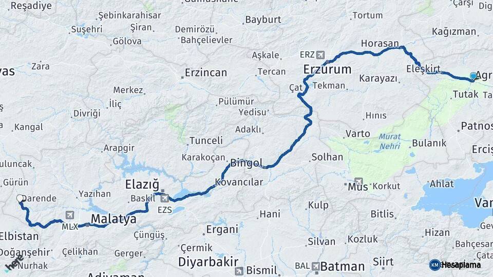 Ağrı Darende Malatya Arası Kaç Km - Yol Haritası