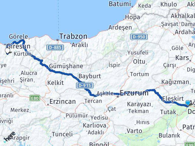 Ağrı Dereli Giresun Arası Kaç Km - Yol Haritası