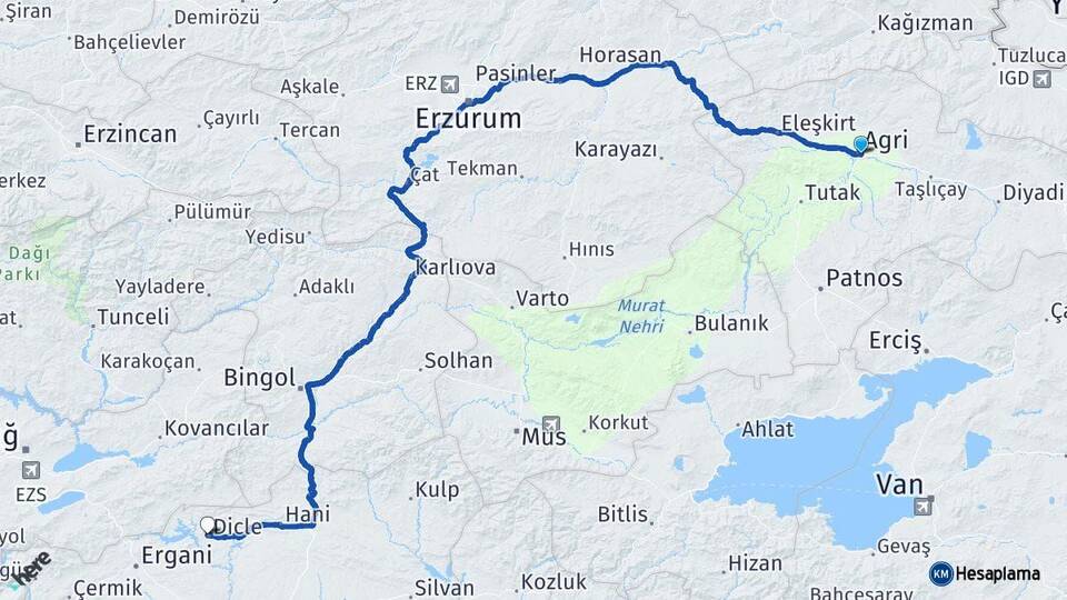 Ağrı Dicle Diyarbakır Arası Kaç Km - Yol Haritası