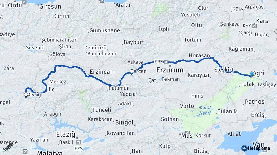 Ağrı Divriği Sivas Arası Kaç Km - Yol Haritası