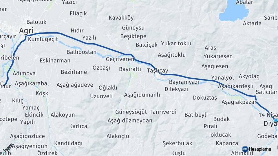 Ağrı Diyadin Hamur Arası Kaç Km - Yol Haritası