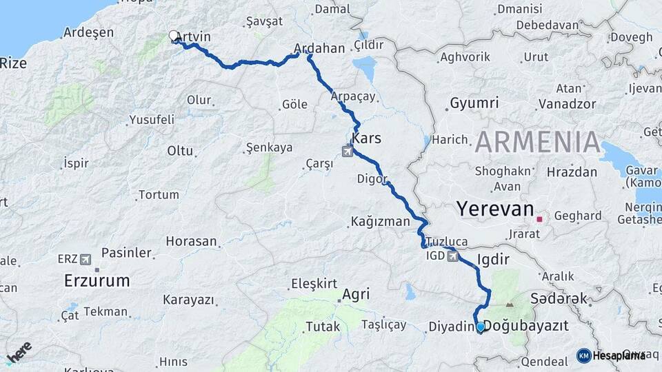 Ağrı Doğubayazıt Artvin Arası Kaç Km - Yol Haritası