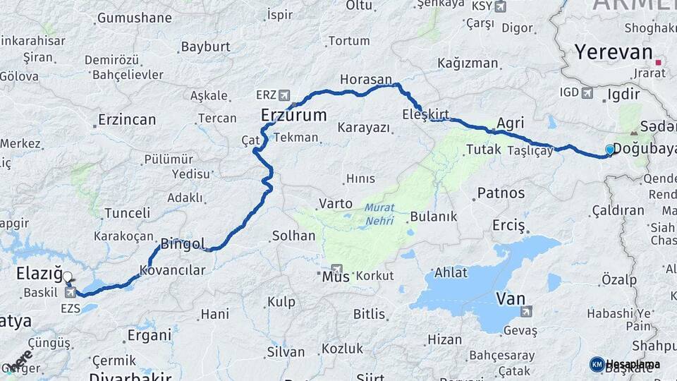Ağrı Doğubayazıt Elazığ Arası Kaç Km - Yol Haritası