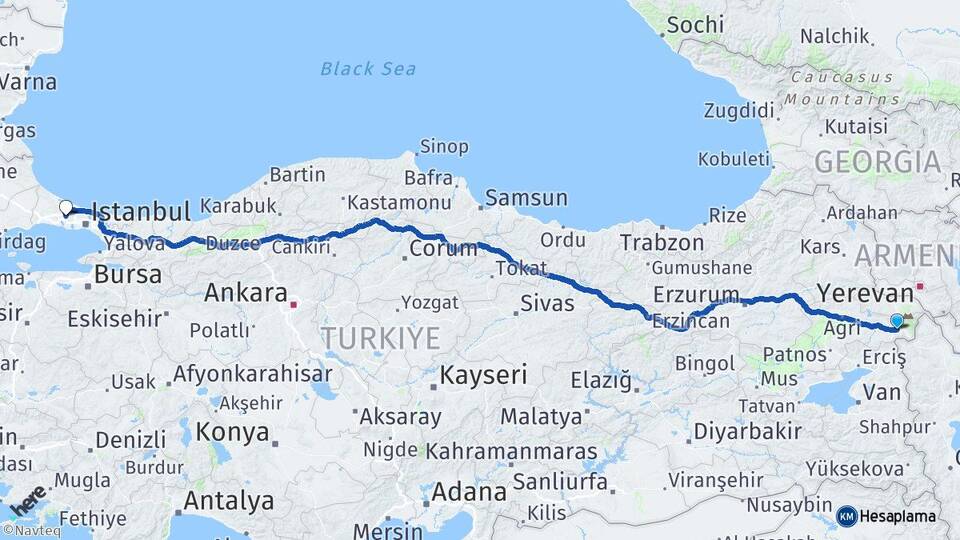 Ağrı Doğubayazıt Hadımköy Arnavutköy İstanbul Arası Kaç Km - Yol Haritası