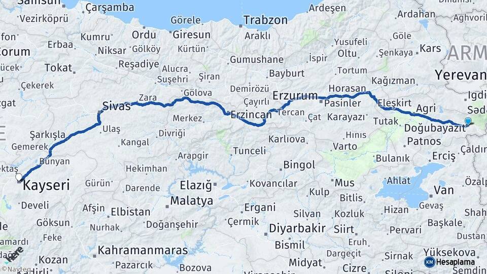 Ağrı Doğubayazıt Kayseri Arası Kaç Km - Yol Haritası