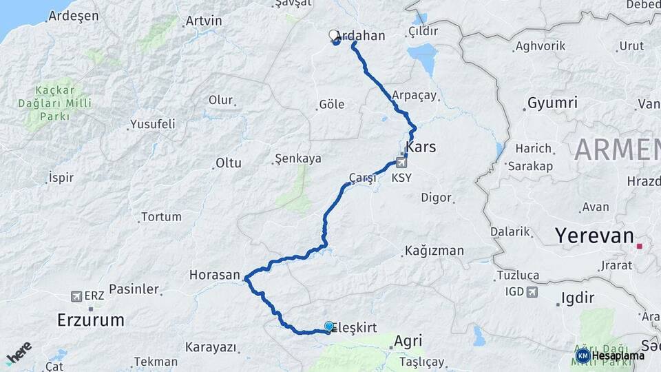 Ağrı Eleşkirt Ardahan Arası Kaç Km - Yol Haritası