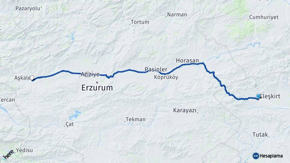 Ağrı Eleşkirt Aşkale Erzurum Arası Kaç Km - Yol Haritası