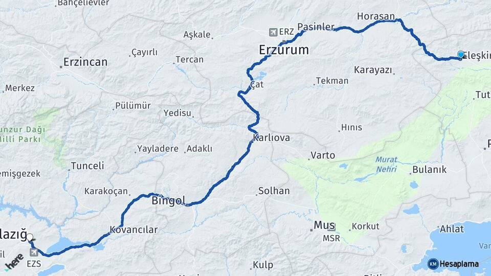 Ağrı Eleşkirt Elazığ Arası Kaç Km - Yol Haritası