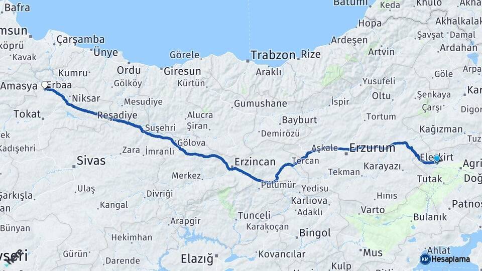 Ağrı Eleşkirt Erbaa Tokat Arası Kaç Km - Yol Haritası