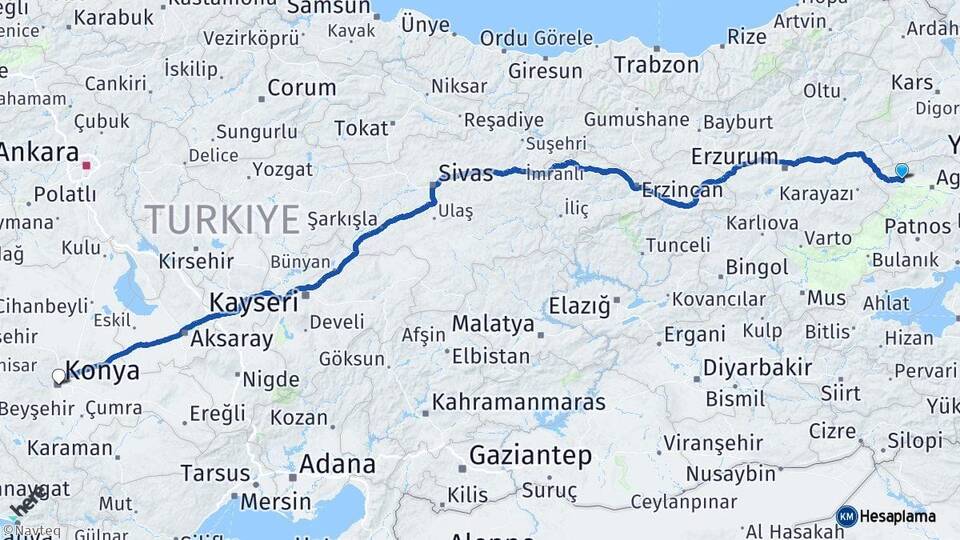 Ağrı Eleşkirt Konya Arası Kaç Km - Yol Haritası