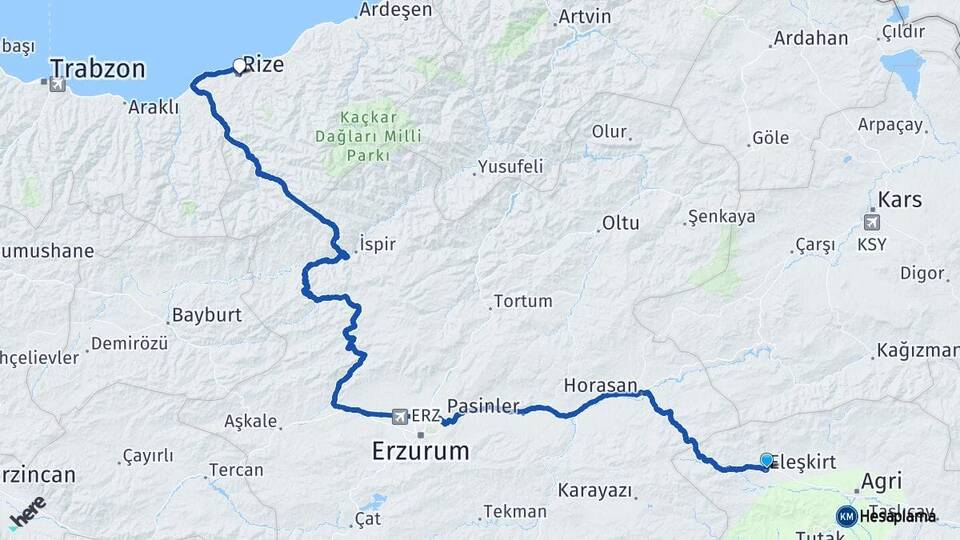 Ağrı Eleşkirt Rize Arası Kaç Km - Yol Haritası
