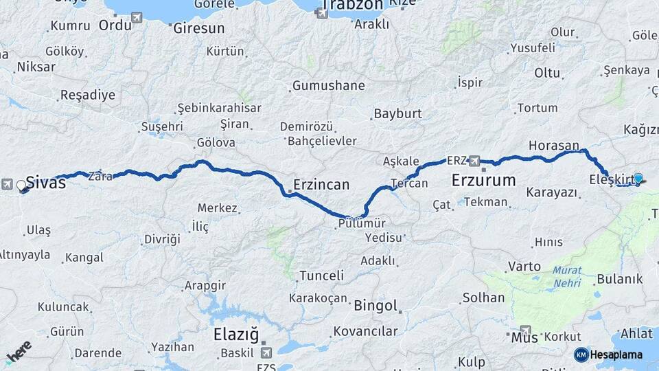 Ağrı Eleşkirt Sivas Arası Kaç Km - Yol Haritası