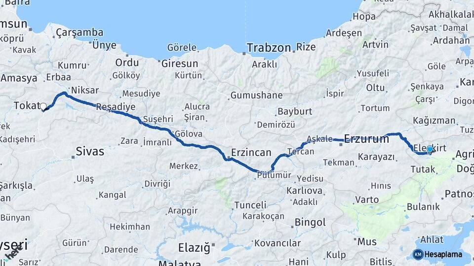 Ağrı Eleşkirt Tokat Arası Kaç Km - Yol Haritası