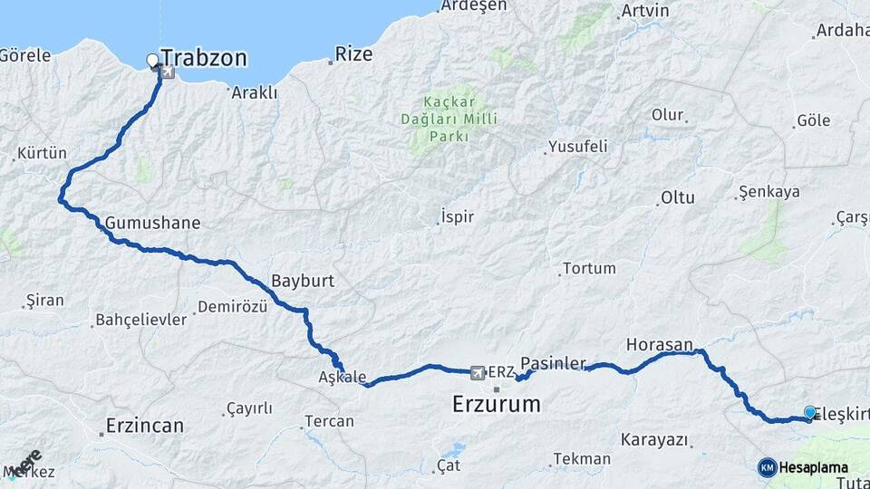 Ağrı Eleşkirt Trabzon Arası Kaç Km - Yol Haritası