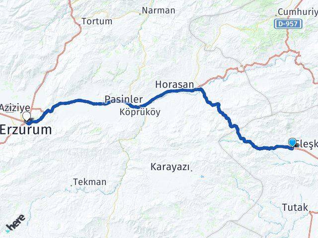 Ağrı Eleşkirt Yakutiye Erzurum Arası Kaç Km - Yol Haritası