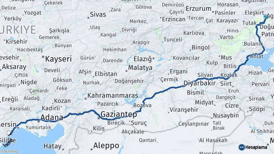 Ağrı Erdemli Mersin Arası Kaç Km - Yol Haritası