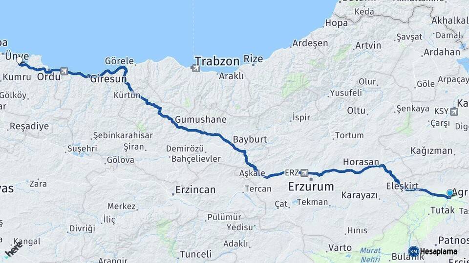 Ağrı Fatsa Ordu Arası Kaç Km - Yol Haritası