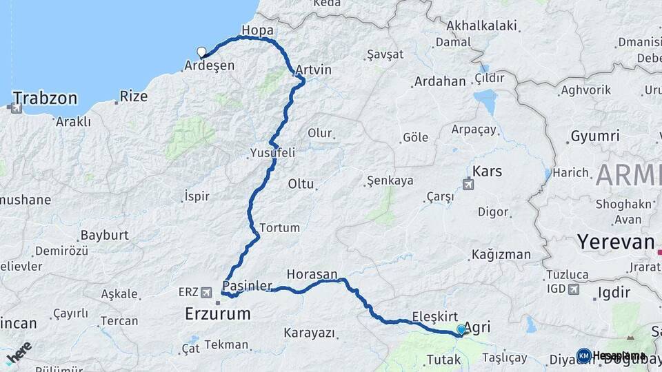 Ağrı Fındıklı Rize Arası Kaç Km - Yol Haritası