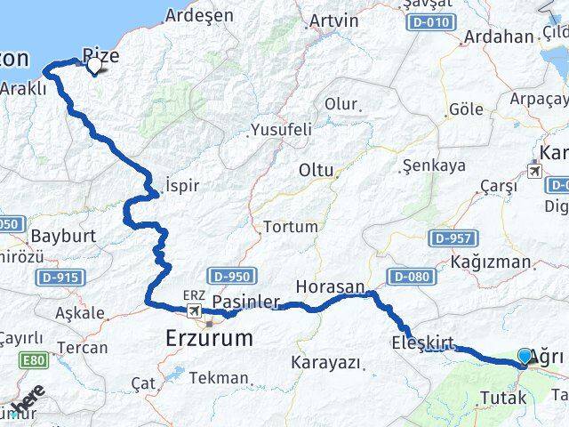 Ağrı Güneysu Rize Arası Kaç Km - Yol Haritası