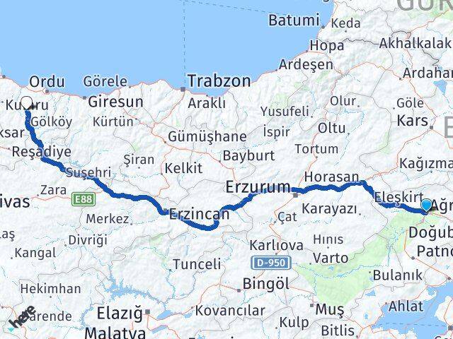 Ağrı Gürgentepe Ordu Arası Kaç Km - Yol Haritası