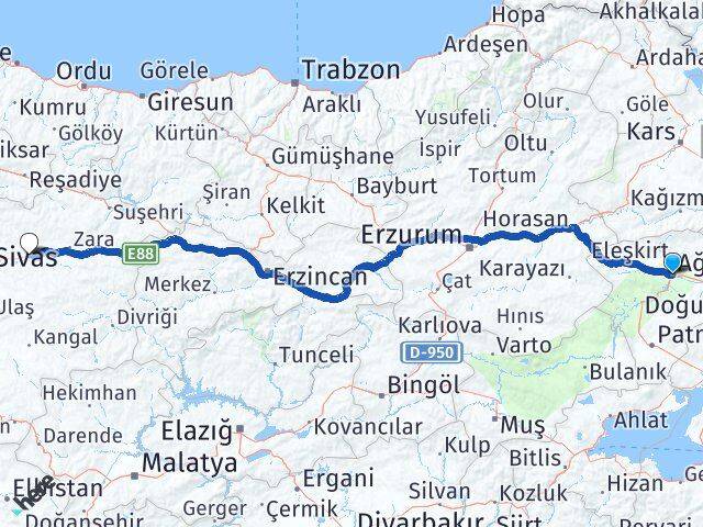 Ağrı Hafik Sivas Arası Kaç Km - Yol Haritası