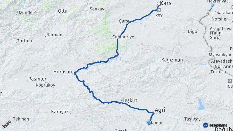 Ağrı Hamur Kars Arası Kaç Km - Yol Haritası