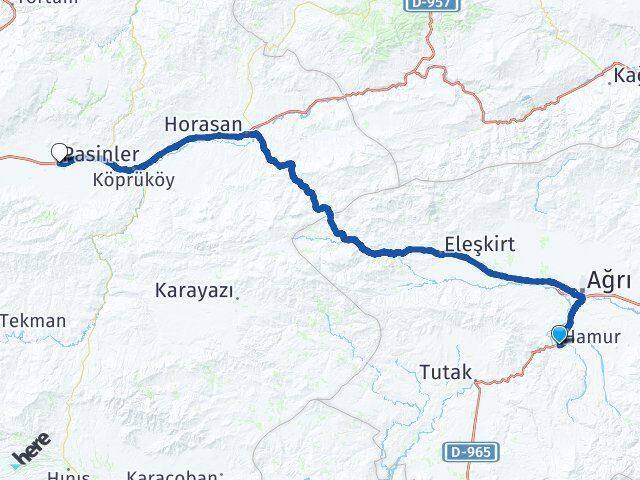 Ağrı Hamur Pasinler Erzurum Arası Kaç Km - Yol Haritası