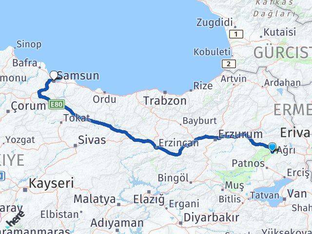 Ağrı Hamur Samsun Arası Kaç Km - Yol Haritası