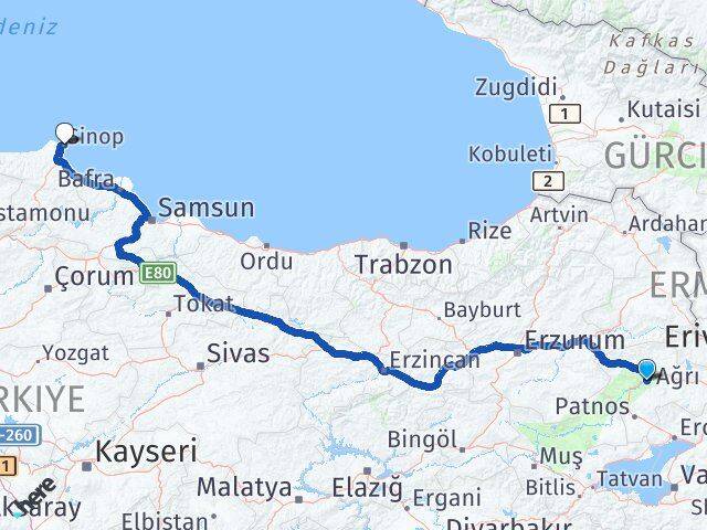 Ağrı Hamur Sinop Arası Kaç Km - Yol Haritası