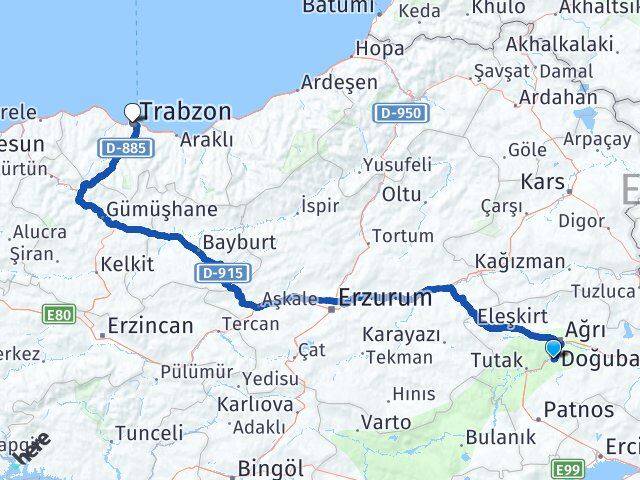 Ağrı Hamur Trabzon Arası Kaç Km - Yol Haritası