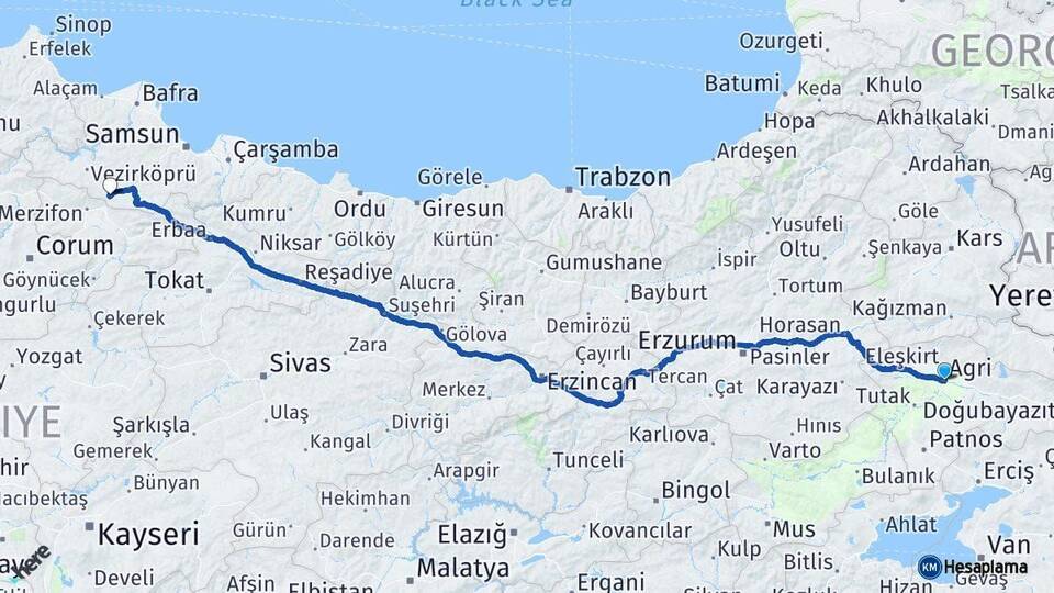 Ağrı Havza Samsun Arası Kaç Km - Yol Haritası