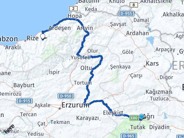 Ağrı Hemşin Rize Arası Kaç Km - Yol Haritası