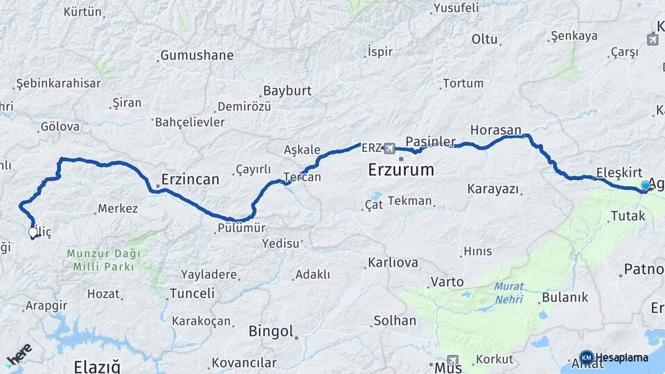 Ağrı İliç Erzincan Arası Kaç Km - Yol Haritası