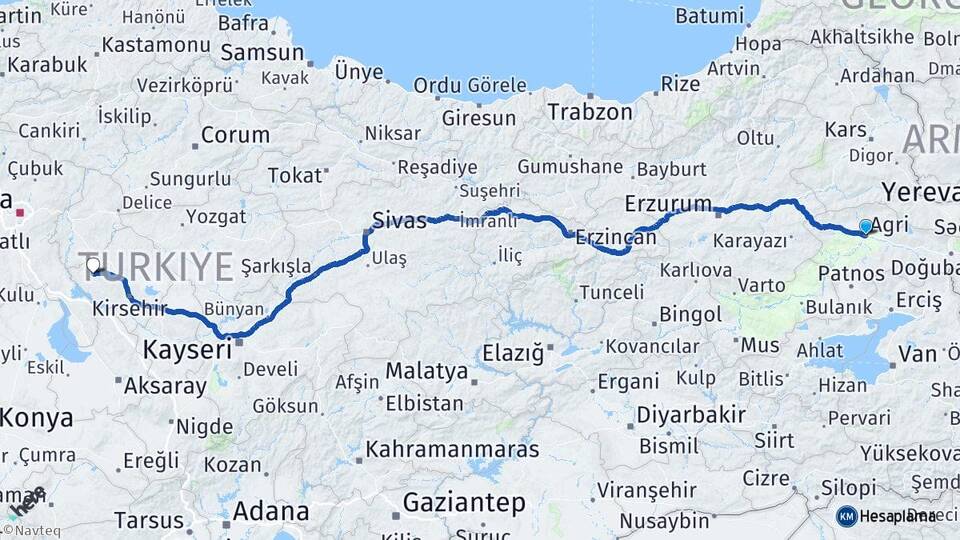 Ağrı Kaman Kırşehir Arası Kaç Km - Yol Haritası