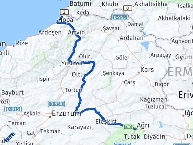 Ağrı Kemalpaşa Artvin Arası Kaç Km - Yol Haritası