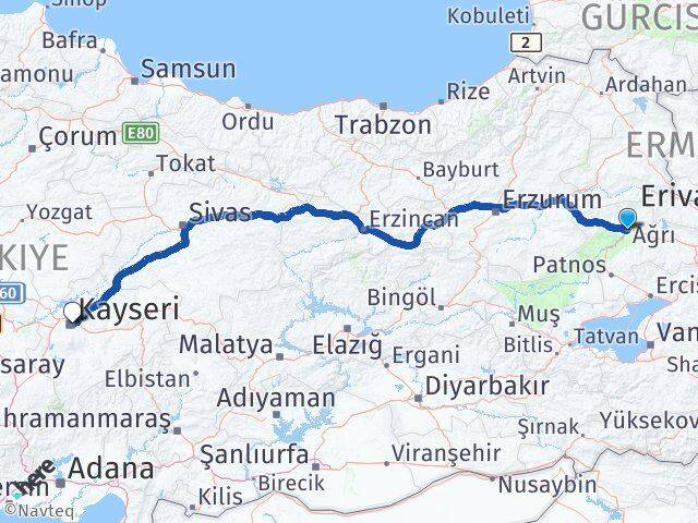 Ağrı Kocasinan Kayseri Arası Kaç Km - Yol Haritası