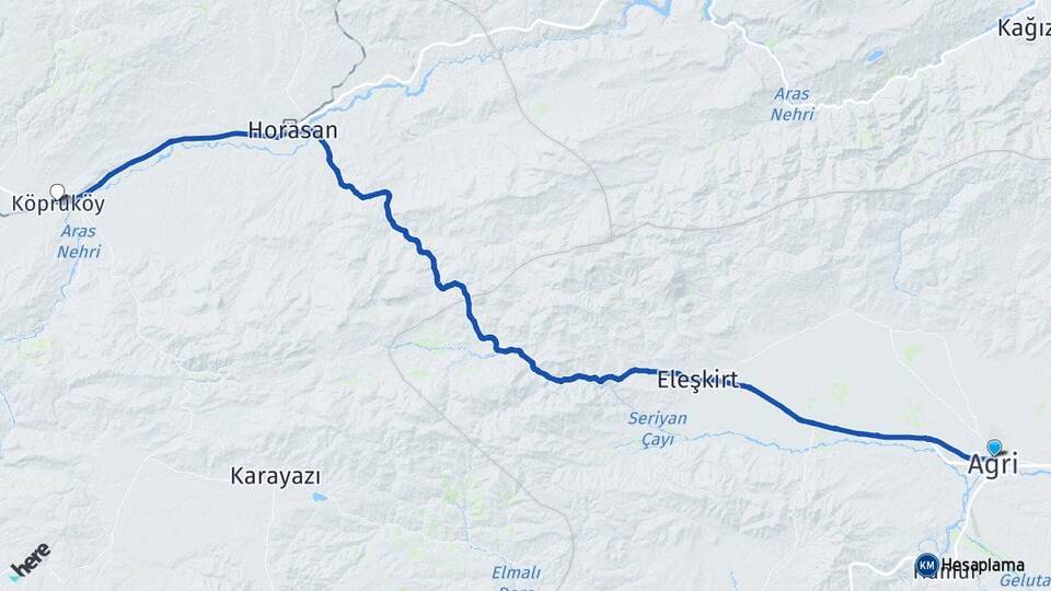 Ağrı Köprüköy Erzurum Arası Kaç Km - Yol Haritası