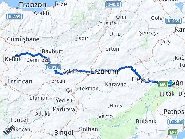 Ağrı Köse Gümüşhane Arası Kaç Km - Yol Haritası