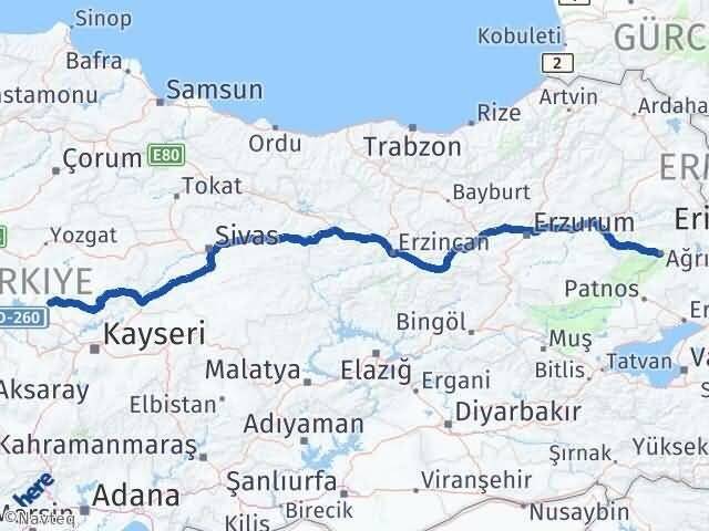 Ağrı Kozaklı Nevşehir Arası Kaç Km - Yol Haritası