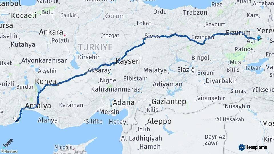 Ağrı Kumluca Antalya Arası Kaç Km - Yol Haritası