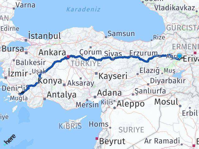 Ağrı Menteşe Muğla Arası Kaç Km - Yol Haritası