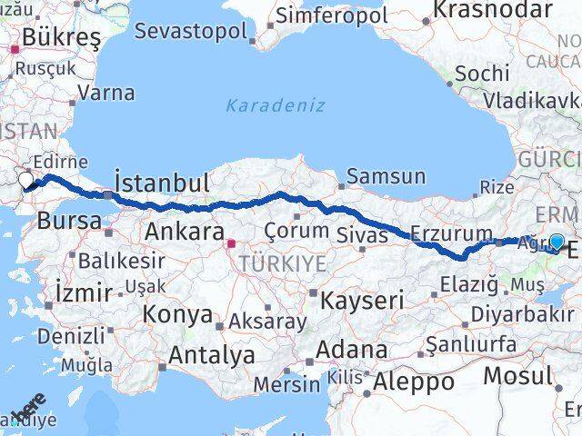 Ağrı Meriç Edirne Arası Kaç Km - Yol Haritası