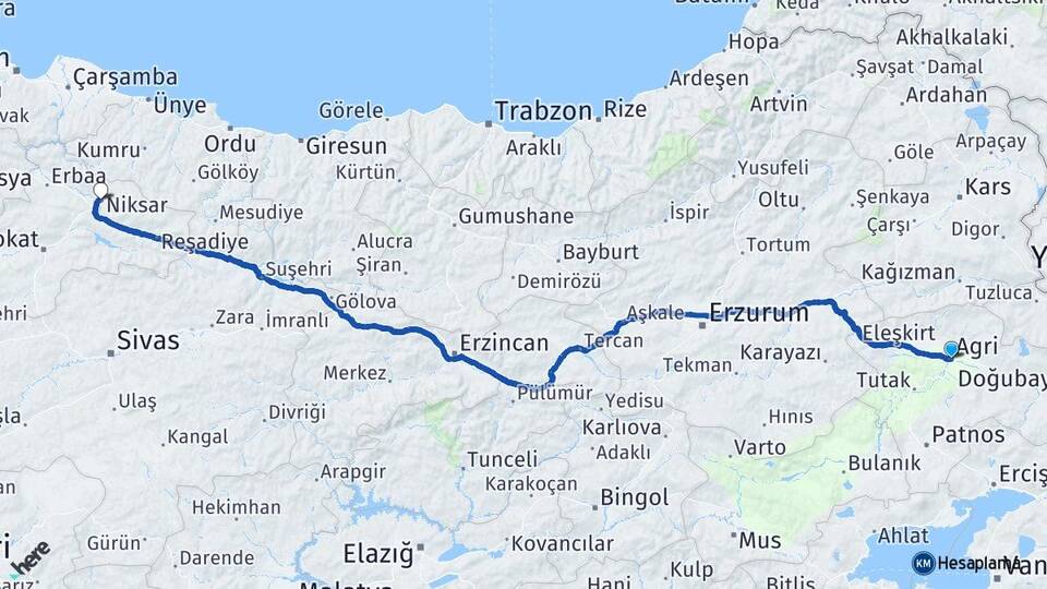 Ağrı Niksar Tokat Arası Kaç Km - Yol Haritası