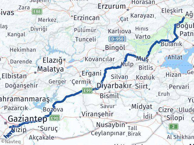 Ağrı Oğuzeli Gaziantep Arası Kaç Km - Yol Haritası