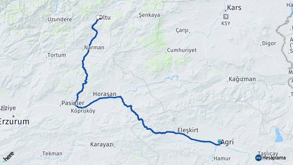 Ağrı Oltu Erzurum Arası Kaç Km - Yol Haritası