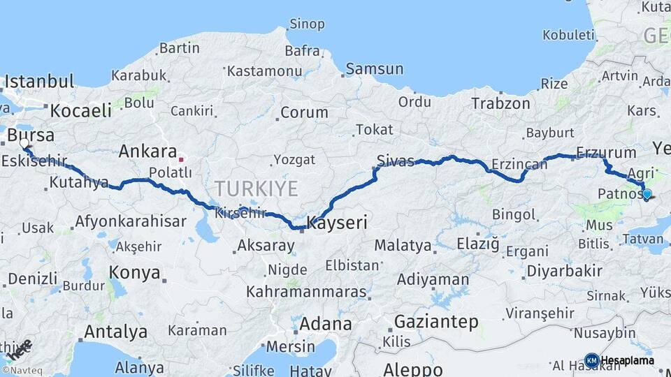 Ağrı Patnos İnegöl Bursa Arası Kaç Km - Yol Haritası