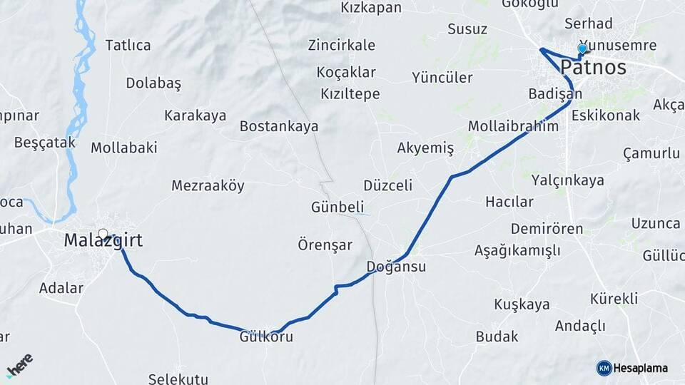 Ağrı Patnos Malazgirt Muş Arası Kaç Km - Yol Haritası
