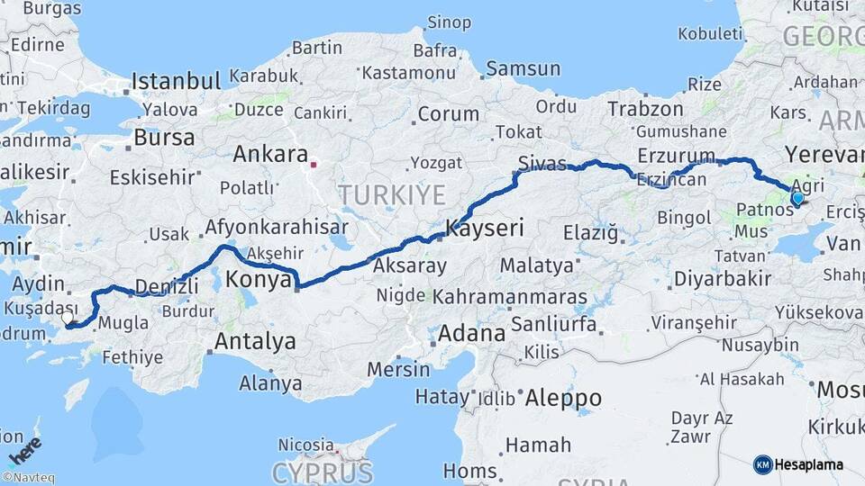 Ağrı Patnos Milas Muğla Arası Kaç Km - Yol Haritası