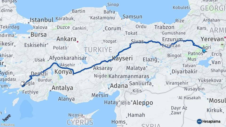 Ağrı Patnos Muğla Arası Kaç Km - Yol Haritası