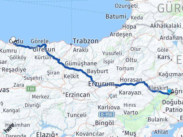 Ağrı Perşembe Ordu Arası Kaç Km - Yol Haritası
